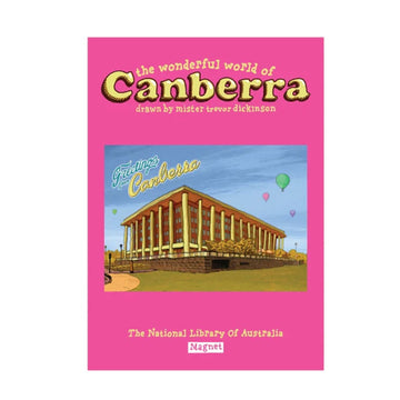 A magnet illustrated with the National Library of Australia by Trevor Dickinson attached to a pink card.