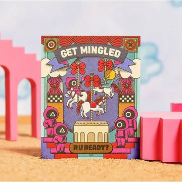 Colorful card with carousel design and text 'Get Mingled, R U ready?' on a beach background.