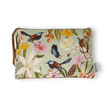 Front view of a clutch purse illustrated with birds and flowers.