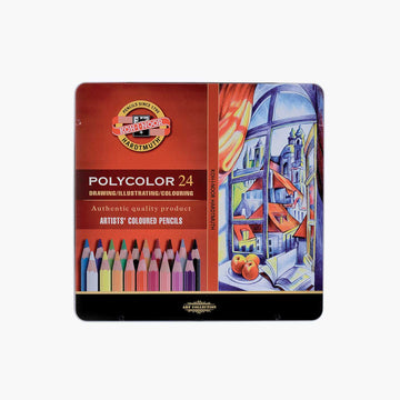 A tin of 24 coloured pencils with a picture of the coloured pencils and an artistic drawing.