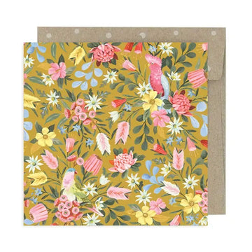 A mini greeting card illustrated with flowers and birds.