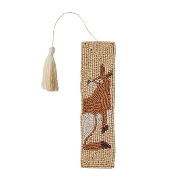 Decorative bookmark with a beaded design of a kangaroo and a tassel on a white background.