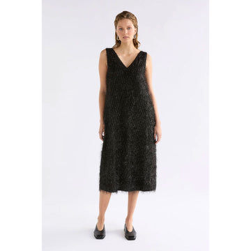 Black sleeveless dress with a V neckline on a white background.