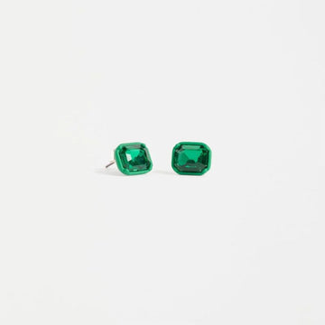 Pair of green square stud earrings on a white background.