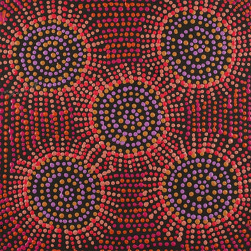 A square painting featuring five circles made up of red, purple and brown dots with pink and orange dots between them.