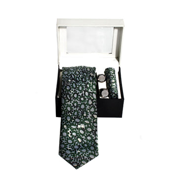 A box set featuring a tie and cuff links printed with artwork by Rama Simpson.