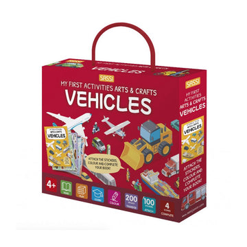 A red box with a handle and the heading 'My First Activities Arts and Crafts Vehicles' with an illustration of planes, constructions trucks, trains and boats.