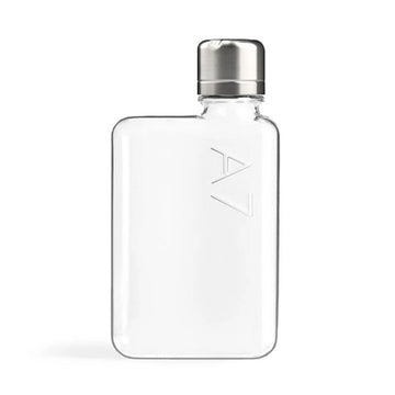A clear bottle in a rectangle shape with a stainless steel lid and the text 'A7' embossed on the bottle.