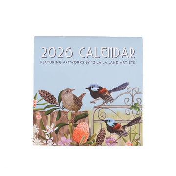 2026 calendar with bird illustrations on a light blue background.