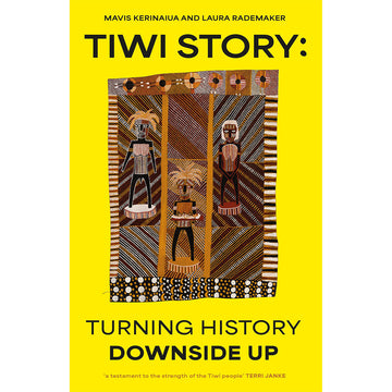 'Tiwi Story' book cover featuring a bright yellow background and an Indigenous drawing of three figures on a patterned brown background.