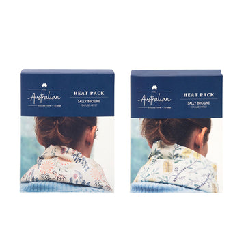 Two boxes pictured with the heading 'Heat Pack' and a close up photo of the back of a model's head with a heat pack around their neck.