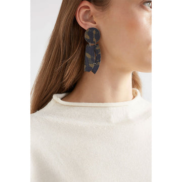 A pair of drop earrings made from wooden shaped linked together.