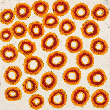 A square painting with orange, red and yellow circles on a white background.