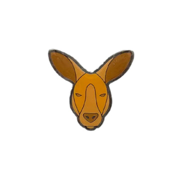 An enamel pin shaped like a kangaroo's head.