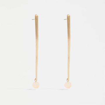 A pair of stud drop earrings with a long narrow bar in gold with a gold round bead on the end.