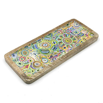 A wooden tray printed with artwork by Cedric Varcoe.