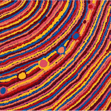 A square painting with a red, yellow, blue and brown striped diagonal pattern with a row of circles in the middle.