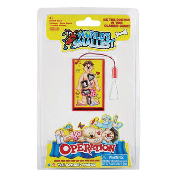The world's smallest Operation board game in clear packaging surrounded by product information.