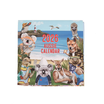 2026 Aussie calendar with illustrations of Australian animals on a blue background.