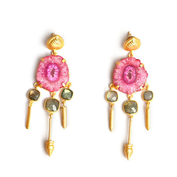 A pair of drop earrings with a pink solar quartz stone in the middle with three dark green stones hanging below with gold accents.