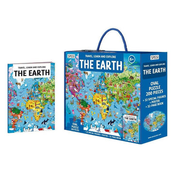 A blue box and matching book titled 'Travel, Learn and Explore The Earth' with an illustration of part of a map of the world covered with people , animals and objects.