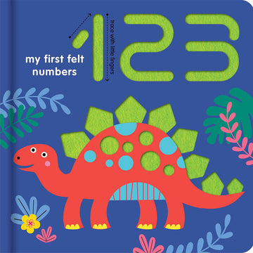 'My First Felt Numbers 123' book cover featuring an illustration of a stegosaurus and leaves on a blue background.