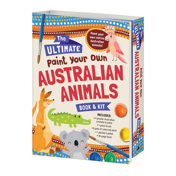 A box titled 'The Ultimate Paint Your Own Australian Animals Book and Kit' with illustrations of animals including a galah, kangaroo, crocodile and koala with paint brushes and pots around.