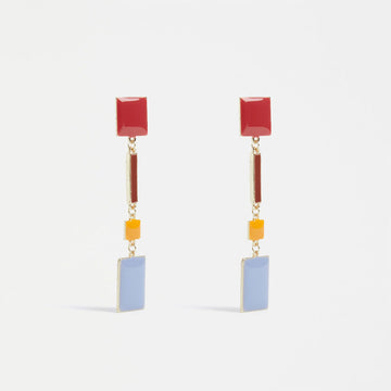 A pair of drop earrings featuring red, yellow and blue rectangles in different sizes linked together.