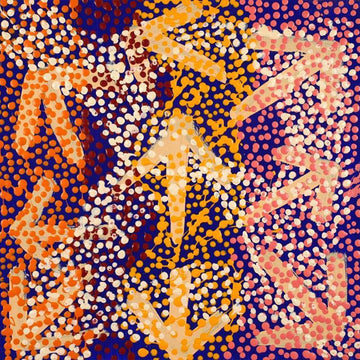 A square painting with light yellow arrows over a dark blue background. There are orange, white, dark red, yellow and pink dots on top of the painting.