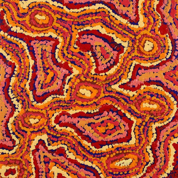 A square painting with orange, pink, red and blue swirled lines made from dots.