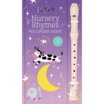 A book titled 'Nursery Rhymes Recorder Book' with an illustration of a cow jumping over the moon with a spoon and saucer running away. There is a recorder attached to the book.