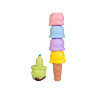 Ice cream shaped stack able  highlighters in green, pink, blue, purple, and yellow. 