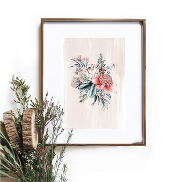 An illustrated bouquet of flowers on a cream background in a gold frame hanging on the wall with flowers in front.