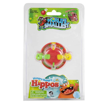 The world's smallest Hungry Hippos game inside clear packaging with product information surrounding it.
