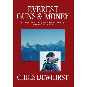 'Everest Guns & Money' book cover with a photo of mountains and a person.