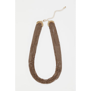 A necklace made up of multiple fine chains in bronze to create a thick strap.