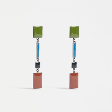 A pair of drop earrings featuring green, blue and red rectangles in different sizes linked together.