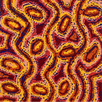 A square painting made from yellow, blue and orange oval shapes and swirled lines.
