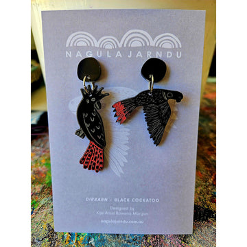 A pair of stud drop earrings shaped like a black cockatoo sitting and a black cockatoo flying with red tails.