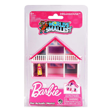 The world's smallest Barbie Dream House in clear packaging surrounded by product information.