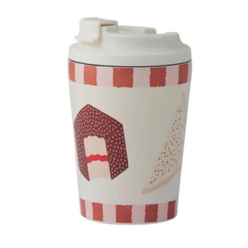 Travel mug with a design of a lamington and fairy bread on a white background.