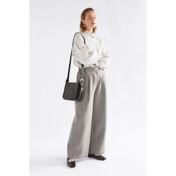 Gray wide-leg pants on a white background.