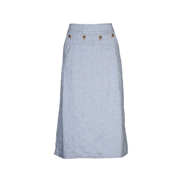 Light blue denim skirt with button details on a white background.