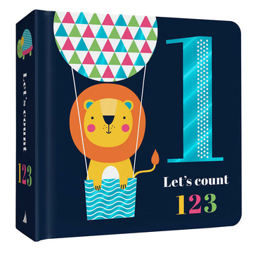 A board book titled 'Let's Count 1 2 3' with an illustration of a lion flying in a hot air balloon.