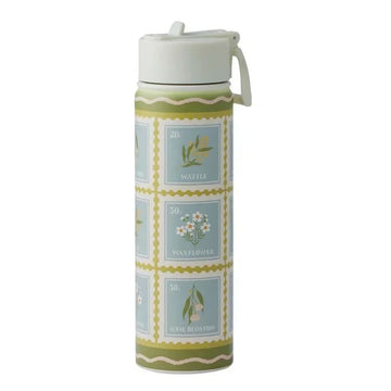 Water bottle with floral design on a white background.