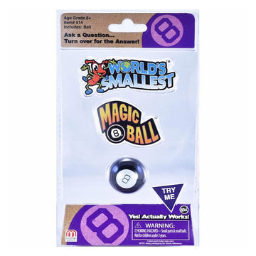 The world's smallest magic 8 ball in clear packaging surrounded by product information.