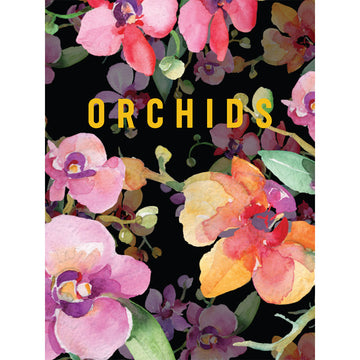 'Orchids' book cover featuring a black background with watercolour flowers illustrated.