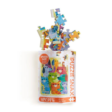 A packet with puzzle pieces coming out of the top. The packet has illustrations of colourful cats and dogs.