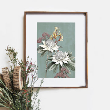 An illustration of two waratah flowers on a green background inside a gold frame. There are flowers in the bottom left corner.
