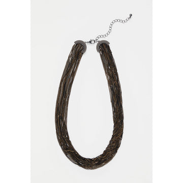 A necklace made up of multiple fine chains in black to create a thick strap.